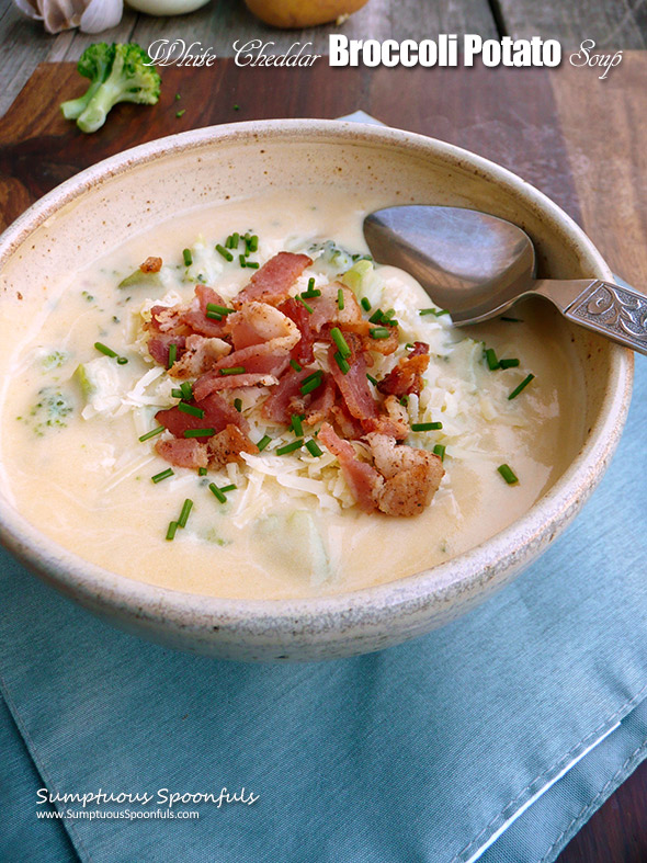 White Cheddar Broccoli Potato Soup ~ Sumptuous Spoonfuls #creamy #cheesy #potato #soup #recipe