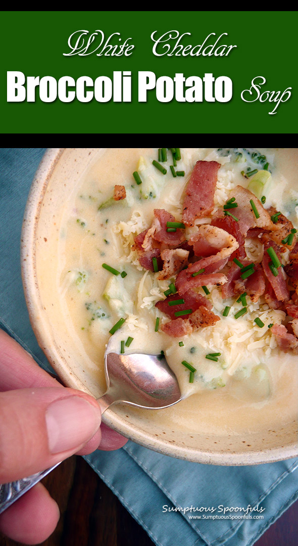White Cheddar Broccoli Potato Soup ~ Sumptuous Spoonfuls #creamy #cheesy #potato #soup #recipe