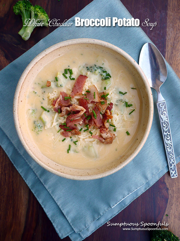 White Cheddar Broccoli Potato Soup ~ Sumptuous Spoonfuls #creamy #cheesy #potato #soup #recipe