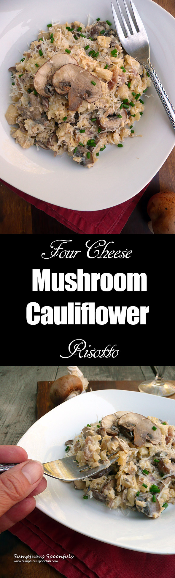 4-Cheese Mushroom Cauliflower Risotto ~ Sumptuous Spoonfuls #easy #lowcarb #risotto #recipe