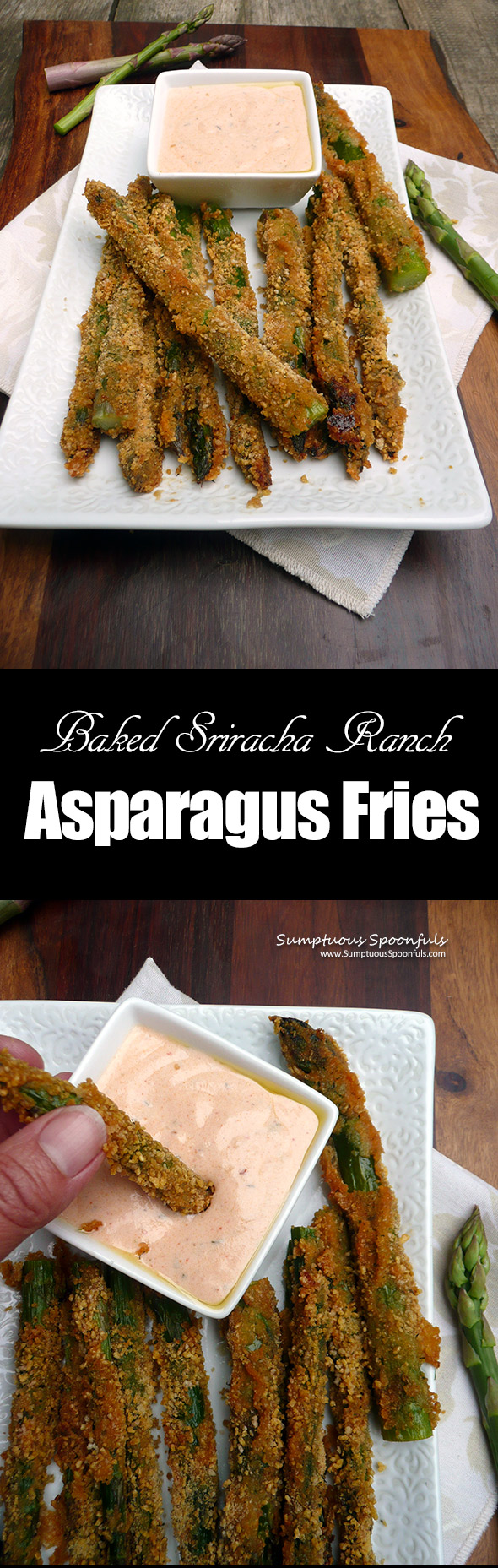 Baked Sriracha Ranch Asparagus Fries ~ Sumptuous Spoonfuls #crispy #asparagus #appetizer #recipe