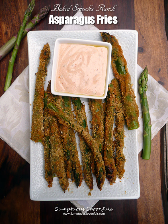 Baked Sriracha Ranch Asparagus Fries ~ Sumptuous Spoonfuls #crispy #asparagus #appetizer #recipe