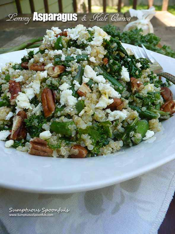 Lemony Asparagus & Kale Quinoa with Feta & Pecans ~ Sumptuous Spoonfuls #quinoa #asparagus #recipe