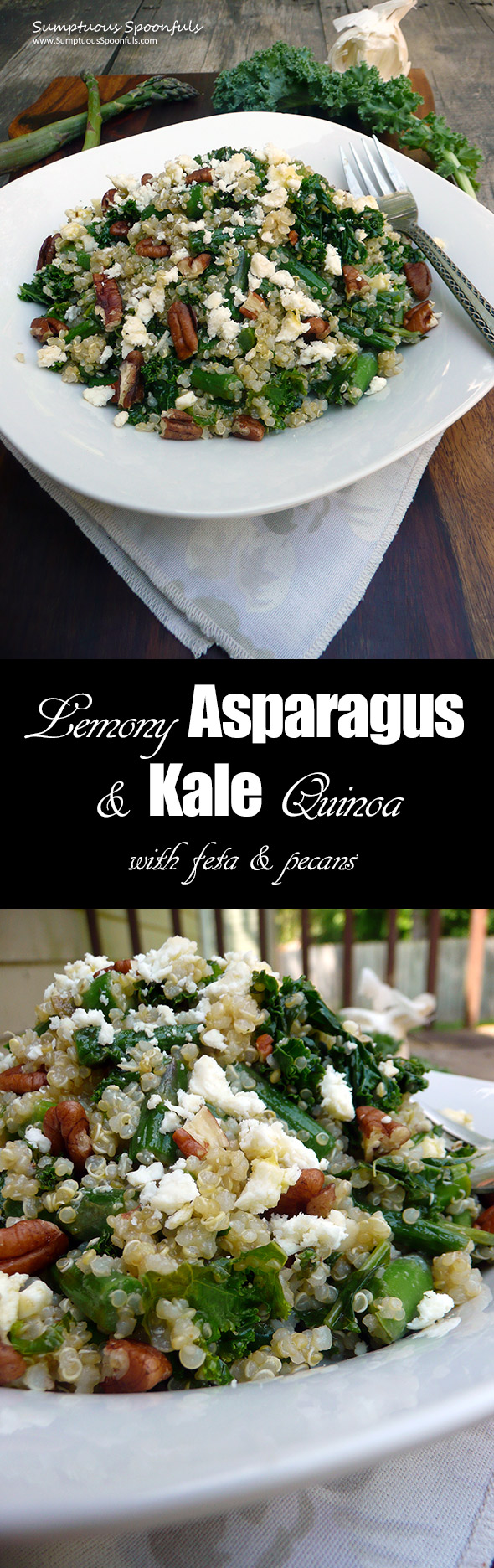Lemony Asparagus & Kale Quinoa with Feta & Pecans ~ Sumptuous Spoonfuls #quinoa #asparagus #recipe
