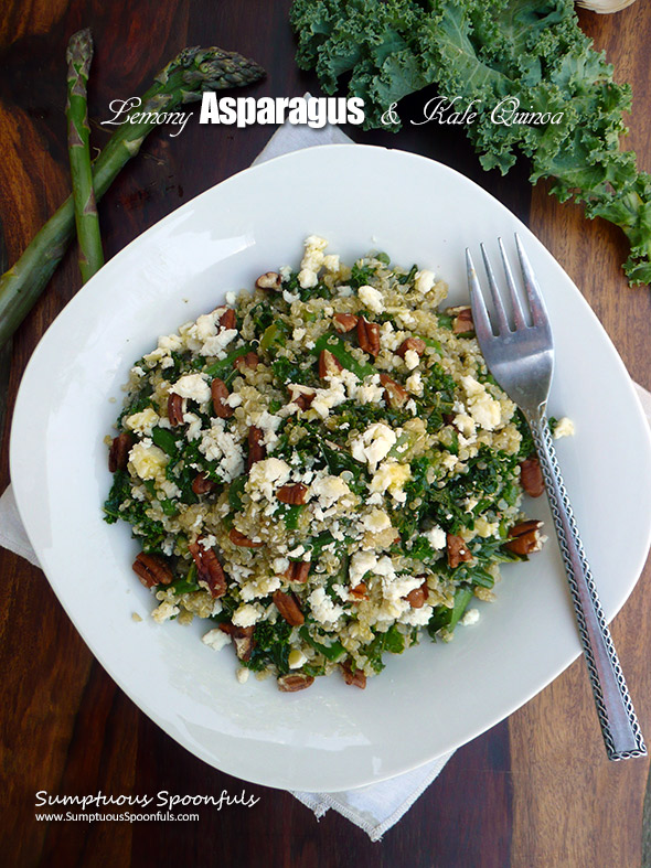 Lemony Asparagus & Kale Quinoa with Feta & Pecans ~ Sumptuous Spoonfuls #quinoa #asparagus #recipe
