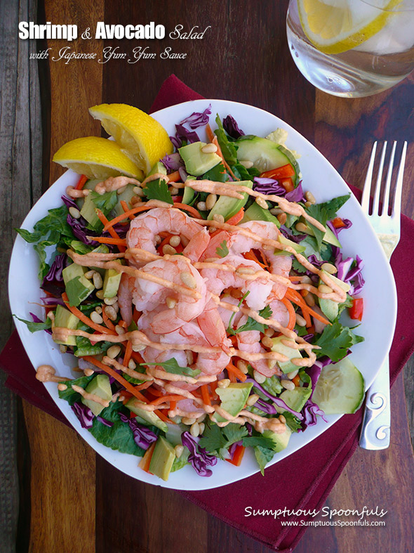 Shrimp & Avocado Salad with Japanese Yum Yum Sauce ~ Sumptuous Spoonfuls #easy #dinner #salad #recipe