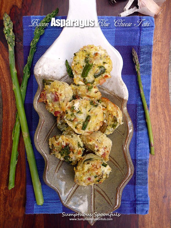 Bacon Asparagus Blue Cheese Tots ~ Sumptuous Spoonfuls #bitesize #appetizer #side #recipe