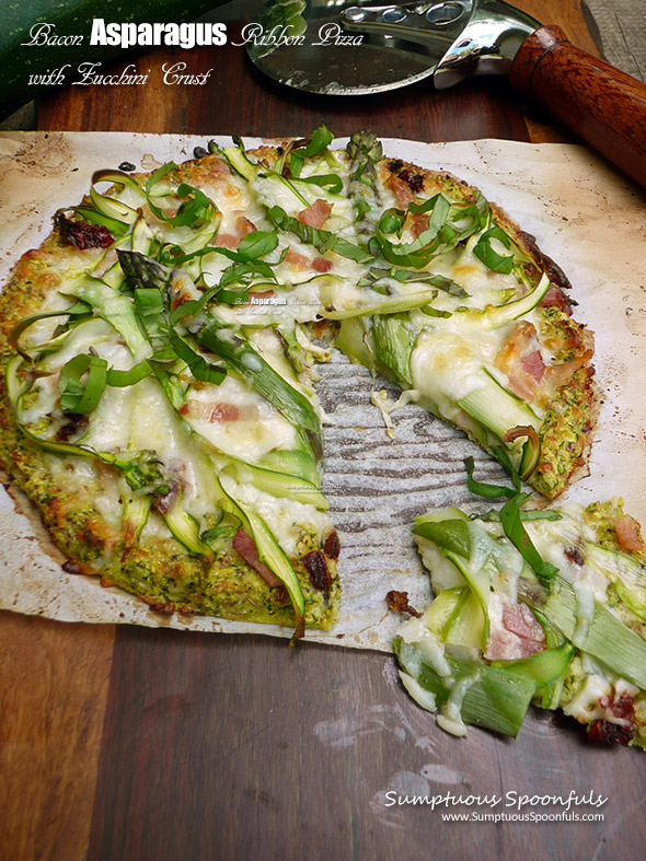 Bacon Asparagus Ribbon Pizza with Zucchini Crust ~ Sumptuous Spoonfuls #healthy #flourless #pizza #recipe