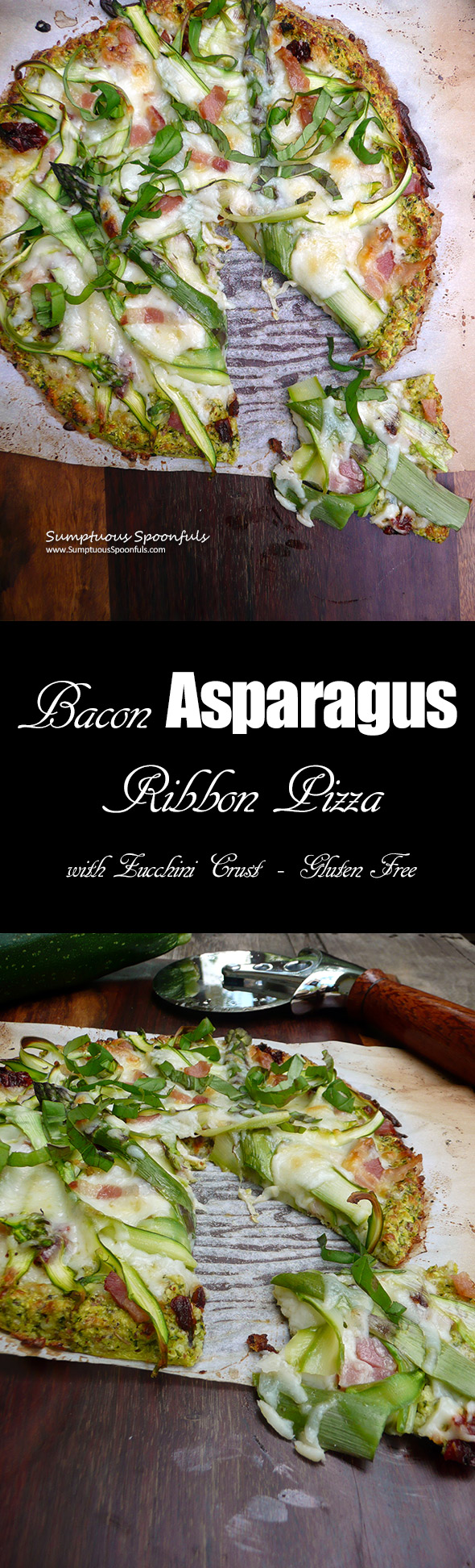 Bacon Asparagus Ribbon Pizza with Zucchini Crust ~ Sumptuous Spoonfuls #healthy #flourless #pizza #recipe