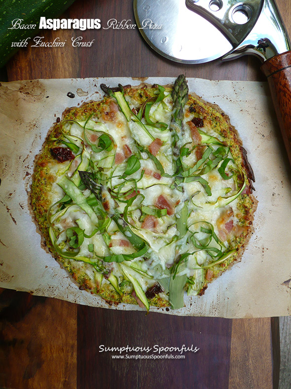 Bacon Asparagus Ribbon Pizza with Zucchini Crust ~ Sumptuous Spoonfuls #healthy #flourless #pizza #recipe