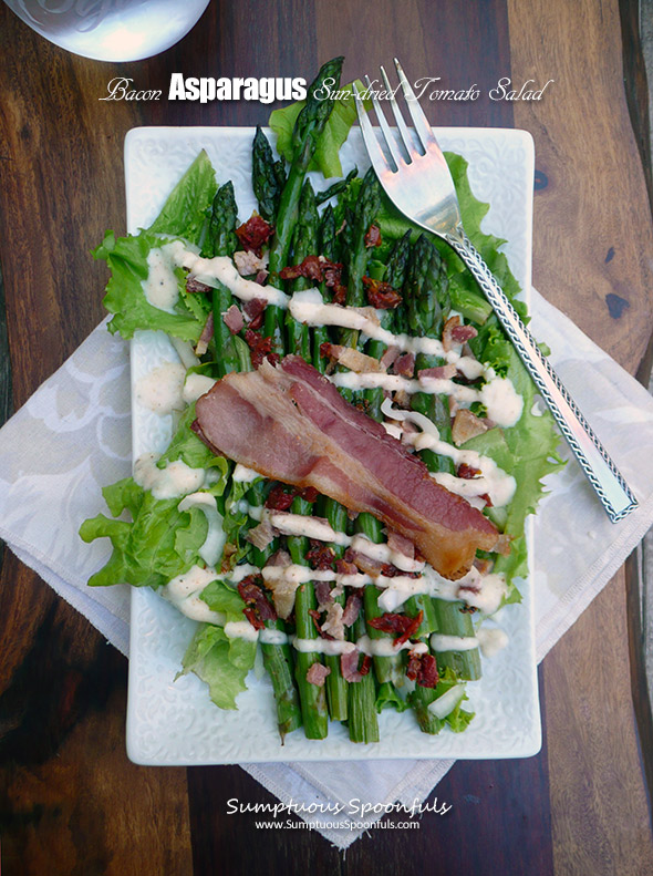 Bacon Asparagus Sun-dried Tomato Salad w/Bacon Ranch Dressing ~ Sumptuous Spoonfuls #bacon #salad #recipe