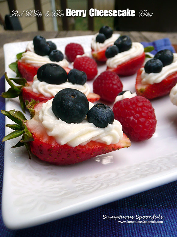 Red White & Blue Berry Cheesecake Bites ~ Sumptuous Spoonfuls #easy #patriotic #dessert #recipe 