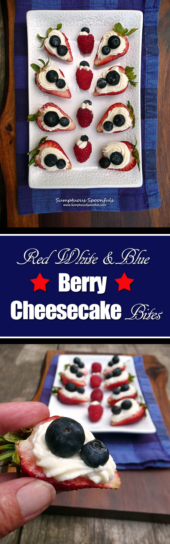 Red White & Blue Berry Cheesecake Bites ~ Sumptuous Spoonfuls #easy #patriotic #dessert #recipe 