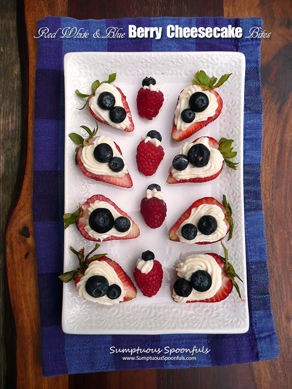 Red White & Blue Berry Cheesecake Bites ~ Sumptuous Spoonfuls #easy #patriotic #dessert #recipe 