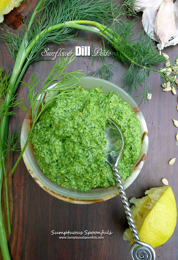 Sunflower Dill Pesto ~ Sumptuous Spoonfuls #dill #pesto #recipe #glutenfree #dairyfree #nutfree