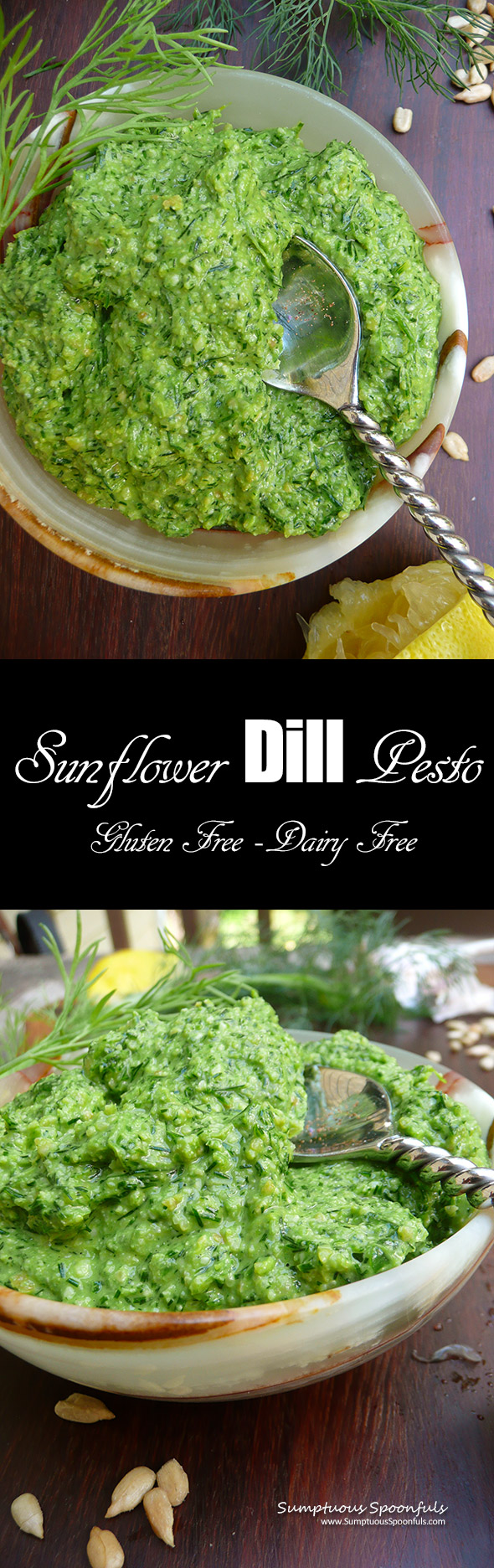 Sunflower Dill Pesto ~ Sumptuous Spoonfuls #dill #pesto #recipe #glutenfree #dairyfree #nutfree
