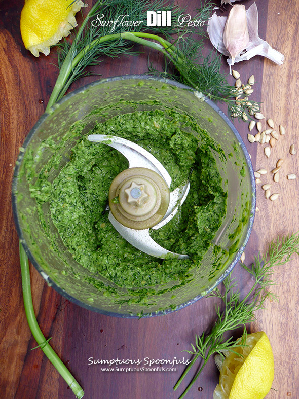 Sunflower Dill Pesto ~ Sumptuous Spoonfuls #dill #pesto #recipe #glutenfree #dairyfree #nutfree