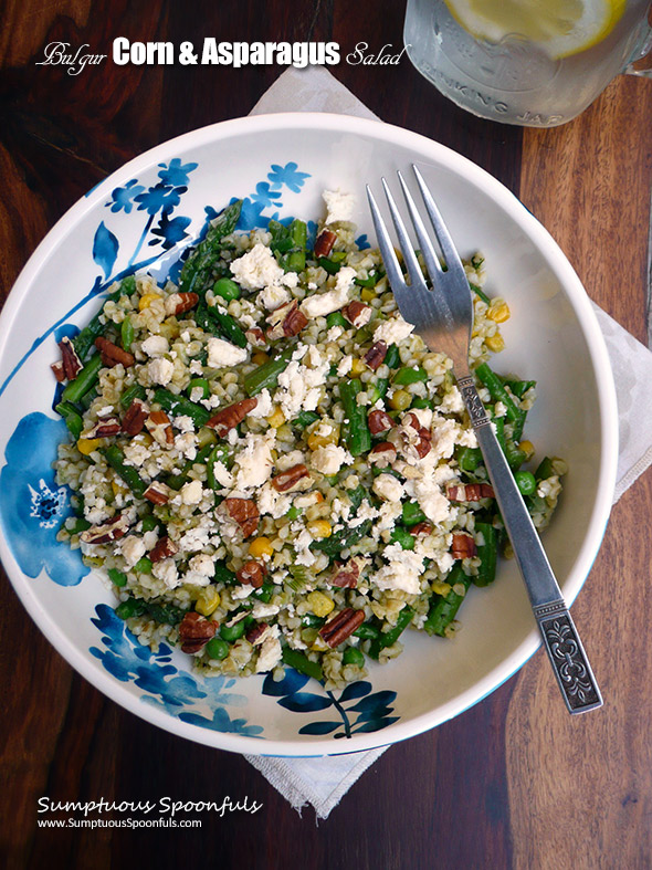 Bulgur, Corn & Asparagus Salad w/Marinated Feta & Dill Pesto ~ Sumptuous Spoonfuls #asparagus #bulgur #salad #recipe