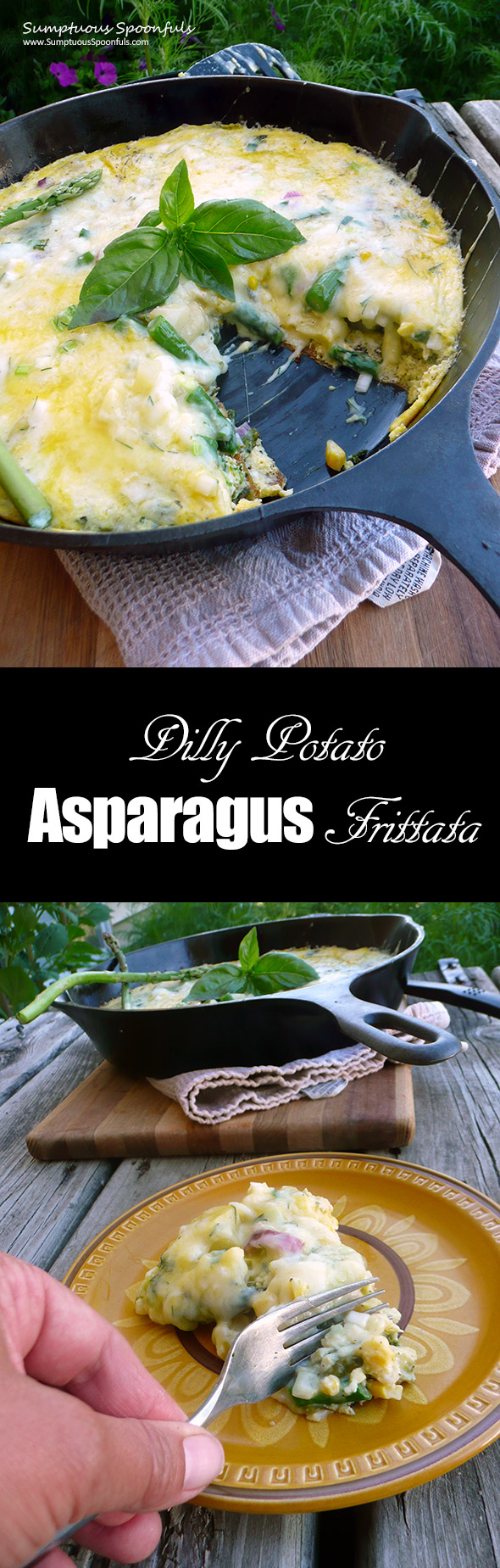 Dilly Potato Asparagus Frittata ~ Sumptuous Spoonfuls #herbs #eggs #recipe #easy #quick