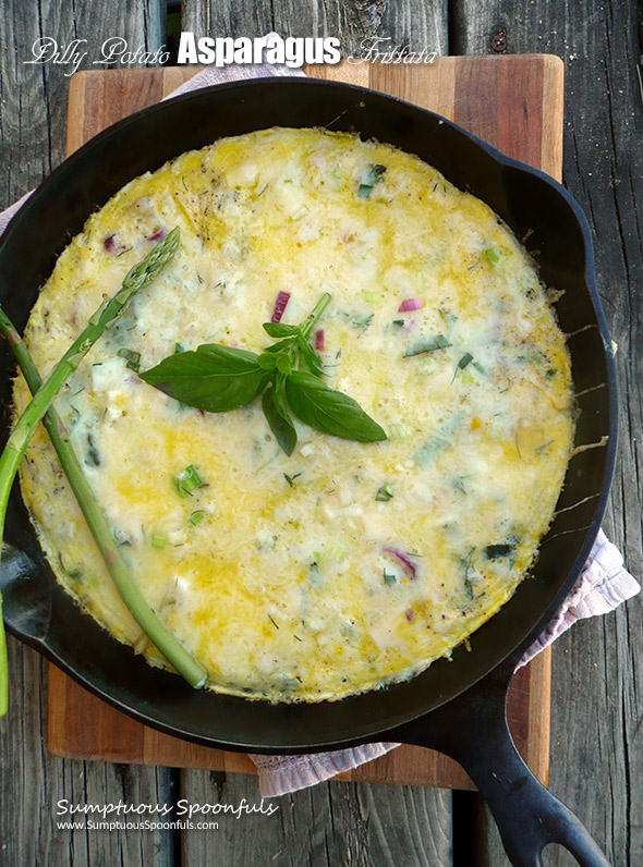 Dilly Potato Asparagus Frittata ~ Sumptuous Spoonfuls #herbs #eggs #recipe #easy #quick