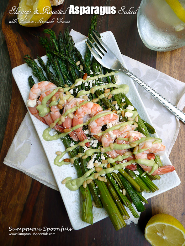 Shrimp & Roasted Asparagus Salad w/Feta, Pine Nuts & Lemon Avocado Crema ~ Sumptuous Spoonfuls #easy #shrimp #asparagus #dinner #recipe