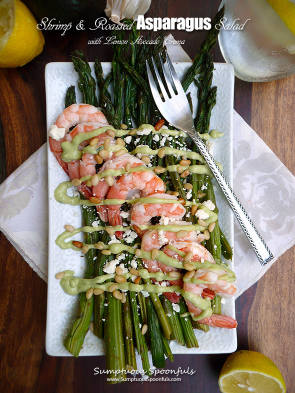 Shrimp & Roasted Asparagus Salad w/Feta, Pine Nuts & Lemon Avocado Crema ~ Sumptuous Spoonfuls #easy #shrimp #asparagus #dinner #recipe