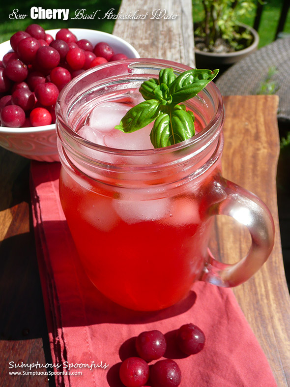 Sour Cherry Basil Antioxidant Water ~ Sumptuous Spoonfuls #homemade #flavored #water #recipe