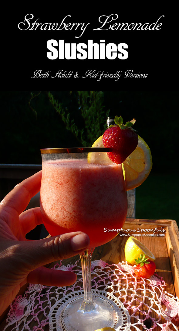 Strawberry Lemonade Slushies ~ Sumptuous Spoonfuls #drink #recipe for both #adults #kids