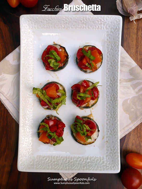 Zucchini Bruschetta ~ Sumptuous Spoonfuls #easy #lowcarb #glutenfree #appetizer #recipe