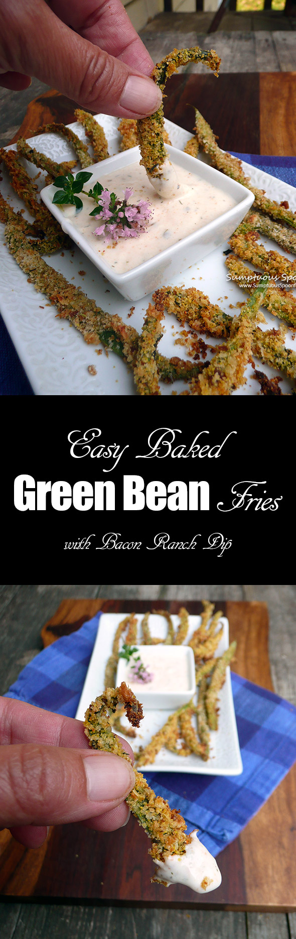 Easy Baked Green Bean Fries ~ Sumptuous Spoonfuls #healthy #baked #appetizer #recipe