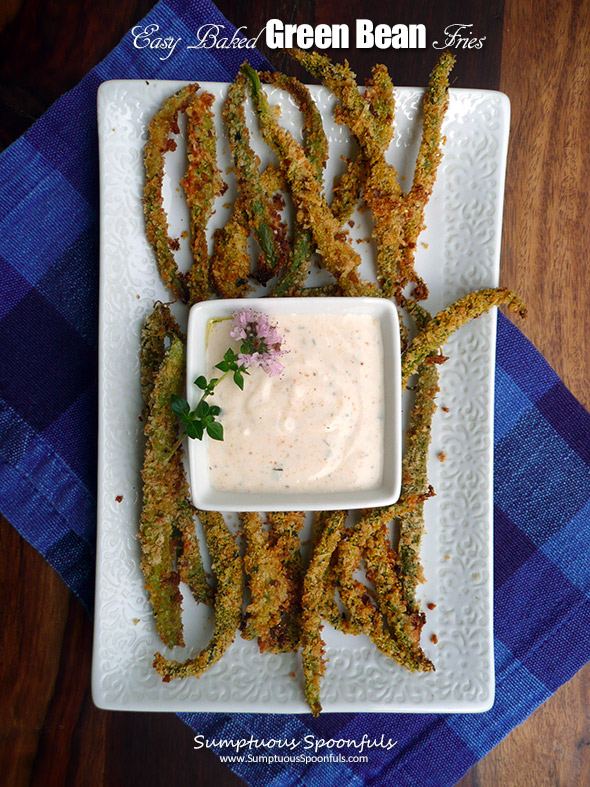 Easy Baked Green Bean Fries ~ Sumptuous Spoonfuls #healthy #baked #appetizer #recipe