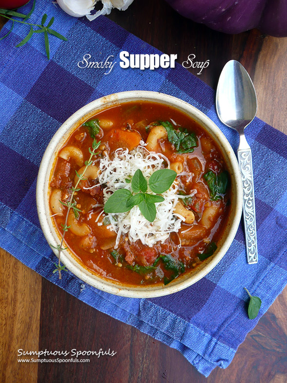 Smoky Supper Soup ~ A hearty meal in a bowl, with a nice smoky flavor from grilling the veggies ~ Sumptuous Spoonfuls #soup #recipe