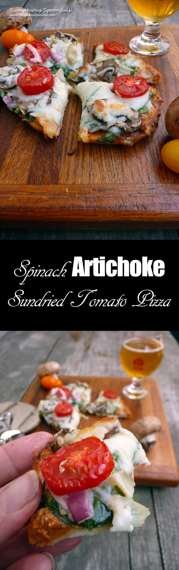 Spinach Artichoke Sun-dried Tomato Pizza ~ Sumptuous Spoonfuls #pizza #recipe