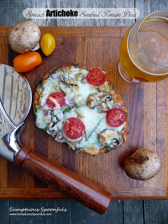 Spinach Artichoke Sun-dried Tomato Pizza ~ Sumptuous Spoonfuls #pizza #recipe