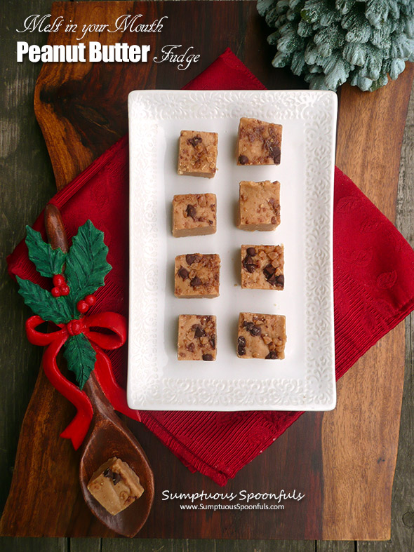 Melt in your Mouth Peanut Butter Fudge ~ Sumptuous Spoonfuls #peanutbutter #fudge #recipe