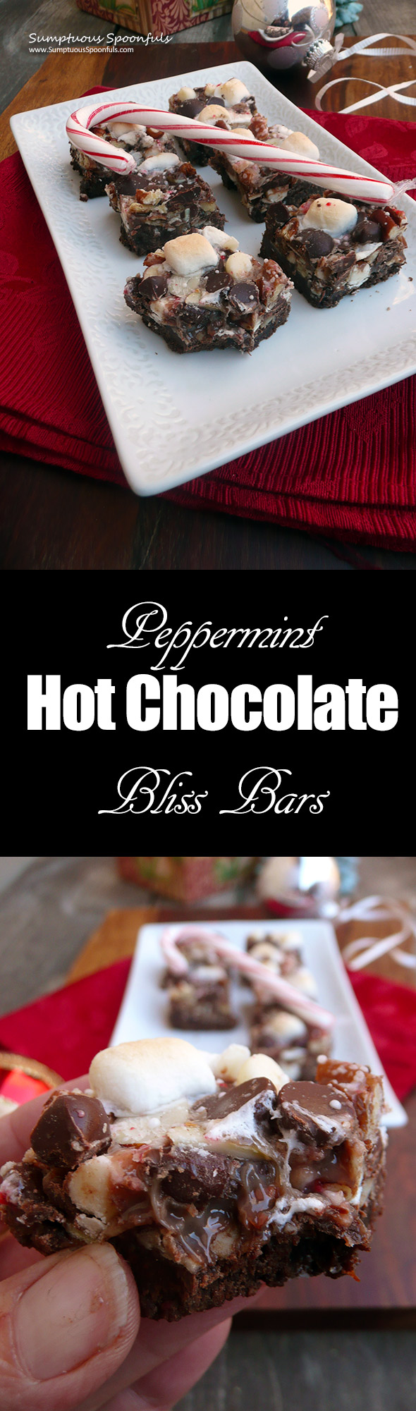 Peppermint Hot Chocolate Bliss Bars ~ Sumptuous Spoonfuls #gooey #chocolate #mint #bars