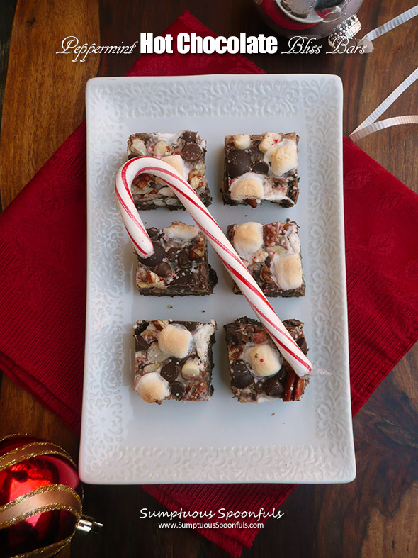 Peppermint Hot Chocolate Bliss Bars ~ Sumptuous Spoonfuls #gooey #chocolate #mint #bars