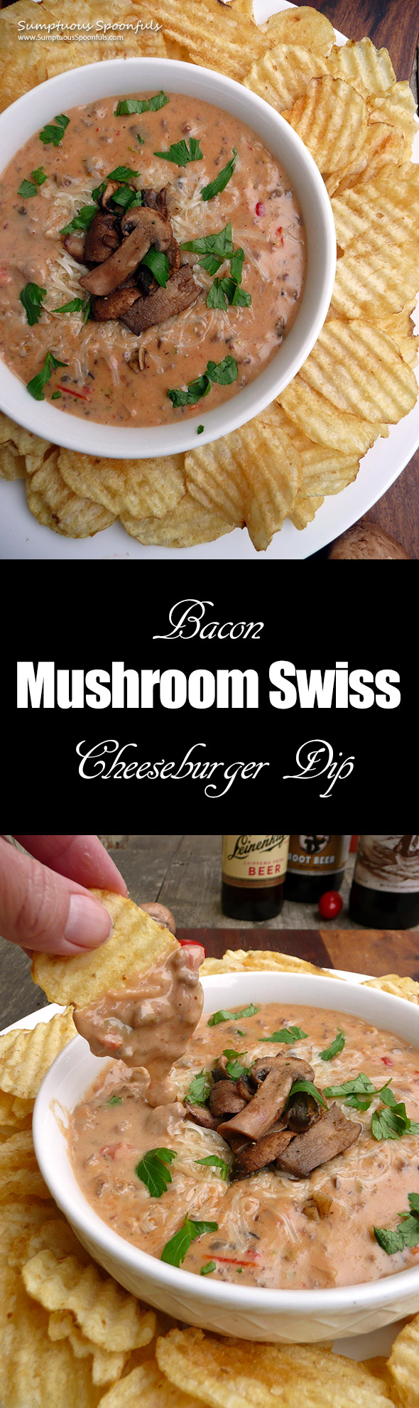 Bacon Mushroom Swiss Cheeseburger Dip ~ Sumptuous Spoonfuls #cheeseburger #dip #recipe