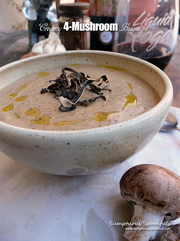 Creamy Four Mushroom Bisque ~ Sumptuous Spoonfuls #mushroom #soup #recipe