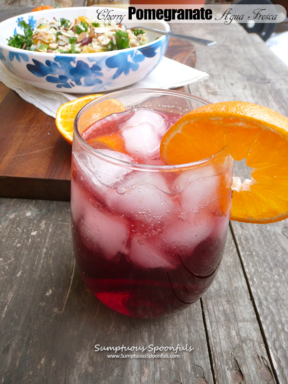 Cherry Pomegranate Agua Fresca ~ Sumptuous Spoonfuls #sparkly #refreshing #fruity #water