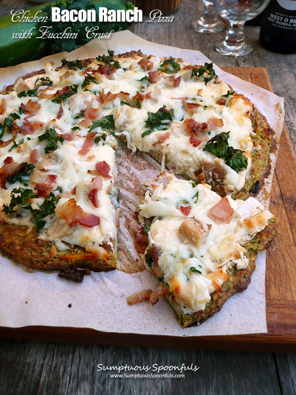 Chicken Bacon Ranch Pizza with Zucchini Crust ~ Sumptuous Spoonfuls #low-carb #pizza #recipe