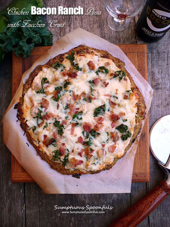 Chicken Bacon Ranch Pizza with Zucchini Crust ~ Sumptuous Spoonfuls #low-carb #pizza #recipe