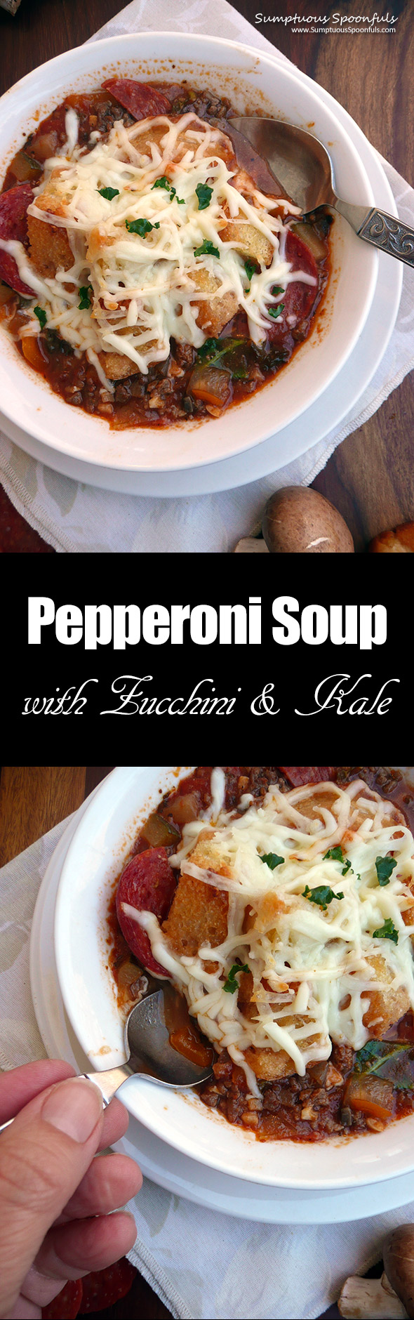 Pepperoni Soup with Zucchini, Kale & Homemade Croutons ~ Sumptuous Spoonfuls #Pepperoni #Pizza #Soup #recipe