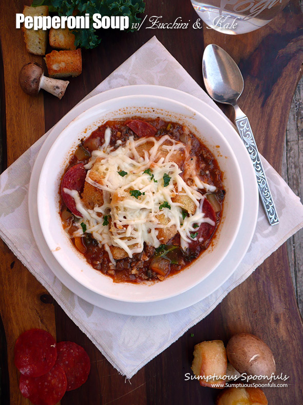 Pepperoni Soup with Zucchini, Kale & Homemade Croutons ~ Sumptuous Spoonfuls #Pepperoni #Pizza #Soup #recipe