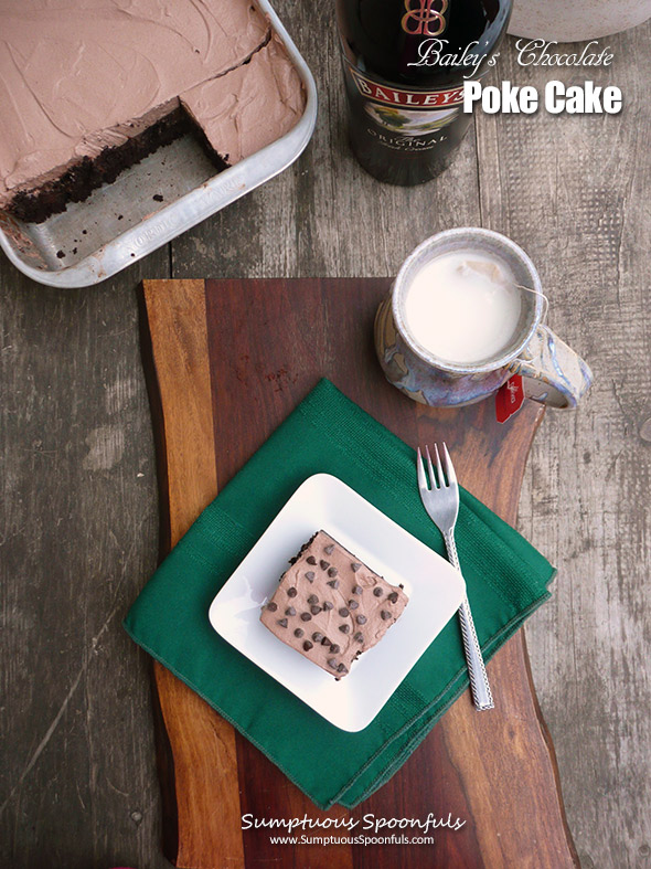 Bailey's Chocolate Poke Cake ~ Sumptuous Spoonfuls #boozy #Irish #chocolate #cake #recipe