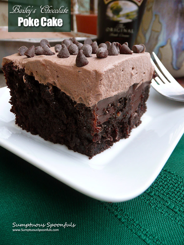 Bailey's Chocolate Poke Cake ~ Sumptuous Spoonfuls #boozy #Irish #chocolate #cake #recipe