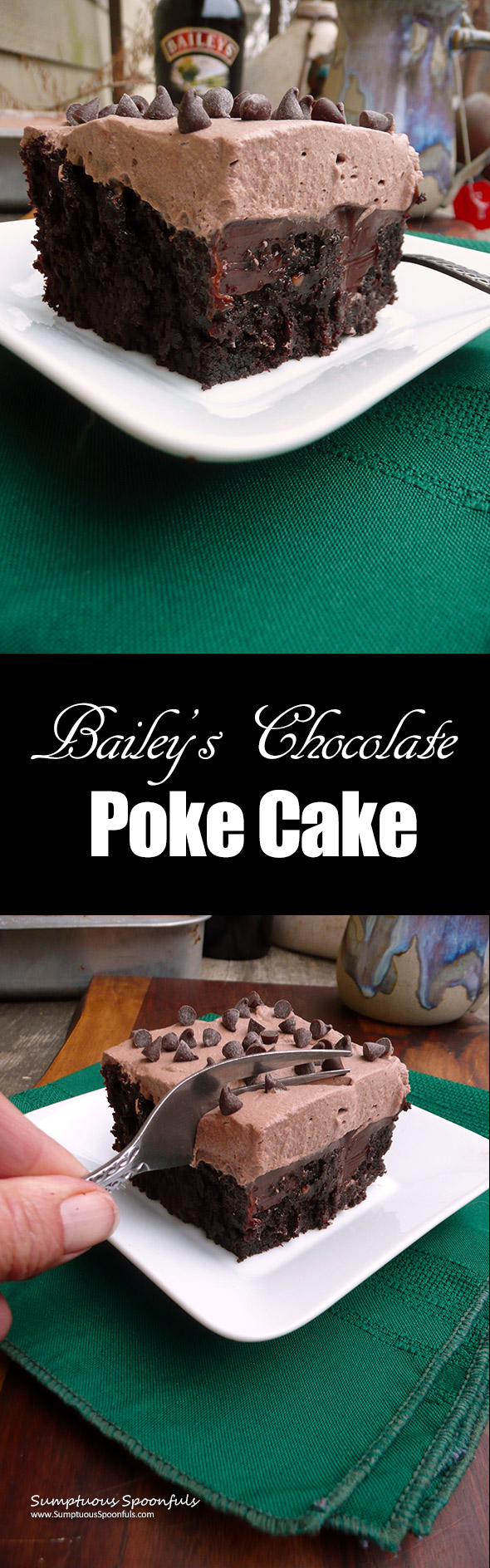 Bailey's Chocolate Poke Cake ~ Sumptuous Spoonfuls #boozy #Irish #chocolate #cake #recipe