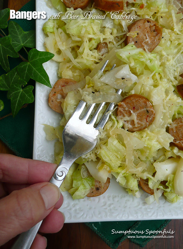 Bangers with Beer Braised Cabbage ~ Sumptuous Spoonfuls #lowcarb #Irish #sausage #recipe