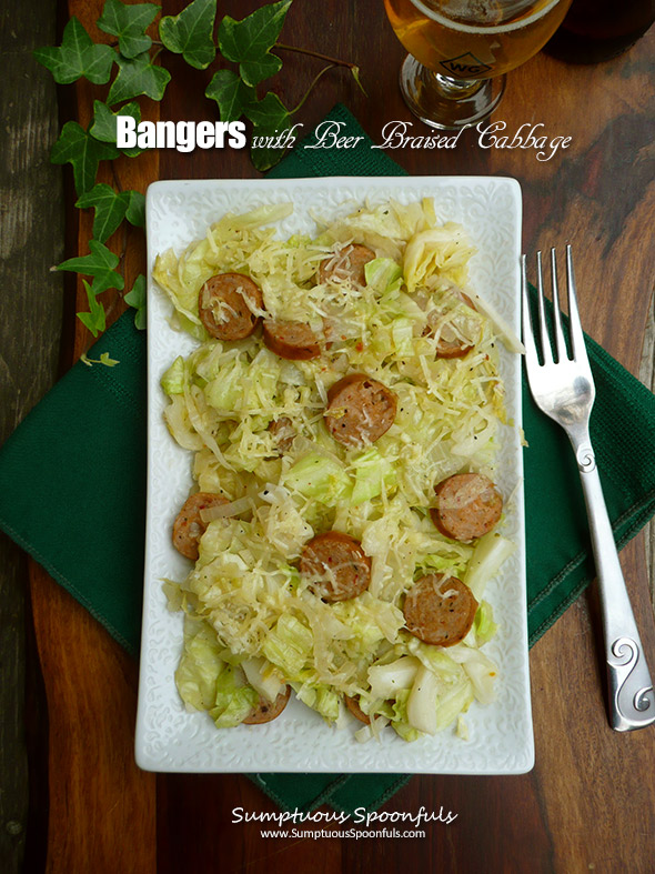 Bangers with Beer Braised Cabbage ~ Sumptuous Spoonfuls #lowcarb #Irish #sausage #recipe