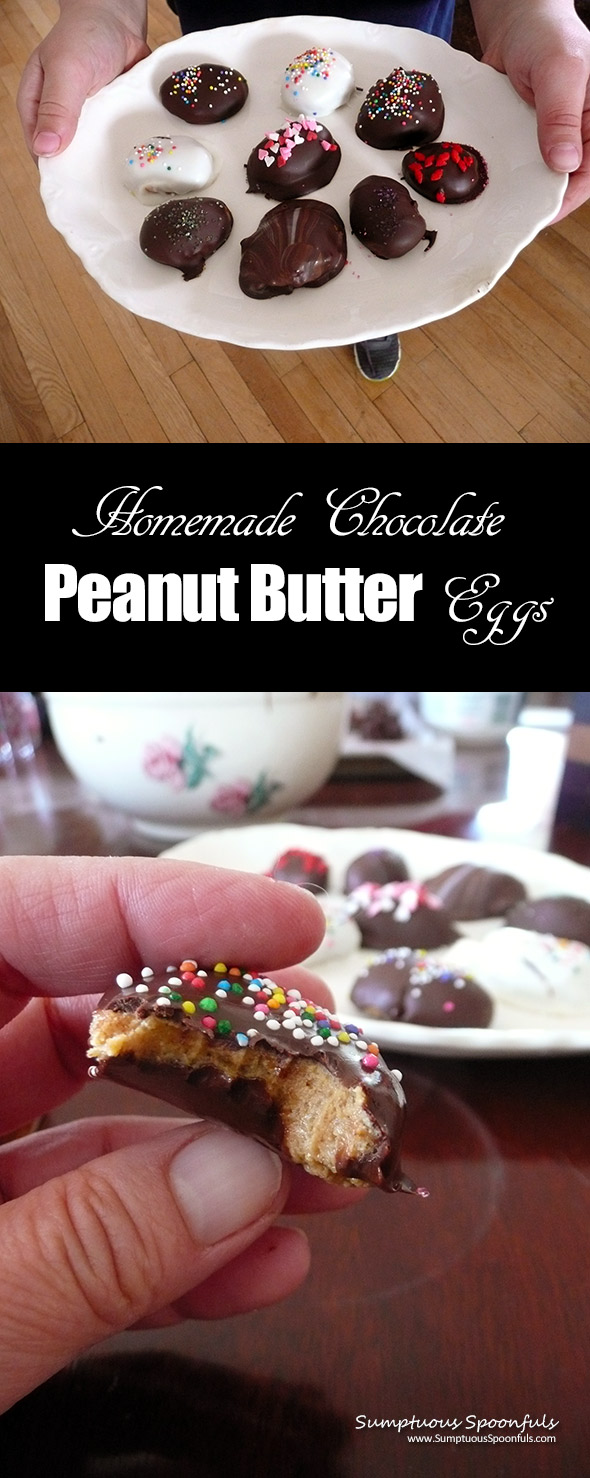 Homemade Chocolate Peanut Butter Eggs ~ Sumptuous Spoonfuls #chocolate #peanutbutter #eggs #recipe